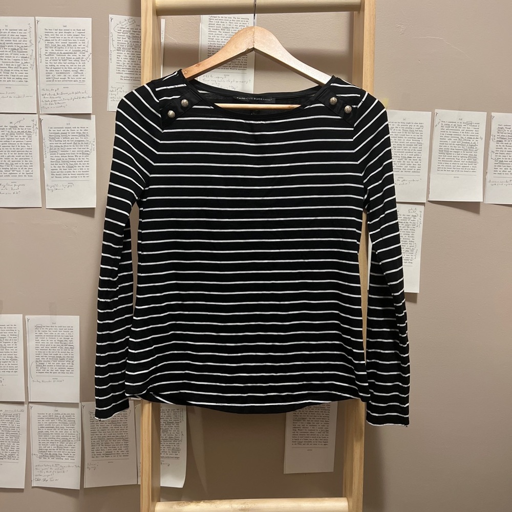 Black and White Striped Long Sleeve Shirt with Decorative Buttons on Shoulders
